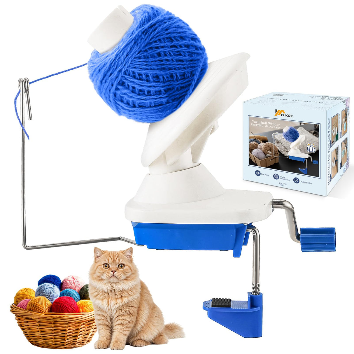 FLKQC Yarn Ball Winder, Hand-Operated Yarn Ball Winder Swift Yarn Winder, Yarn Cake Winder, Needlecraft Yarn Ball Winder Hand-Operated (Blue) FLKQC