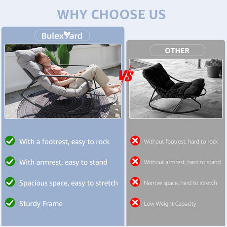 BULEXYARD Grey Oversized Indoor Outdoor Lounge Royal Rocking Chair with Armrest Footrest for Napping Relaxing, Heavy Duty Patio Reclining Papasan Rocker Chair with Padded Cushion for Porch, Sunroom BULEXYARD