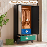 baoliwo Metal Armoire Wardrobe Closet Storage Cabinet with Mirror, 71'' Wardrobe Cabinet with Hanging Rod Metal Closet with Adjustable Shelf and Drawer for Bedroom, Laundry Room, Cloak Room baoliwo