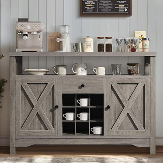 Coffee Bar Cabinet with Storage, 47'' Coffee Bar Station Cabinet, Farmhouse Coffee Bar Buffet Cabinet Gray with Drawer, 9 Wine Racks, Barn Doors for Dining Room, Living Room - WoodArtSupply