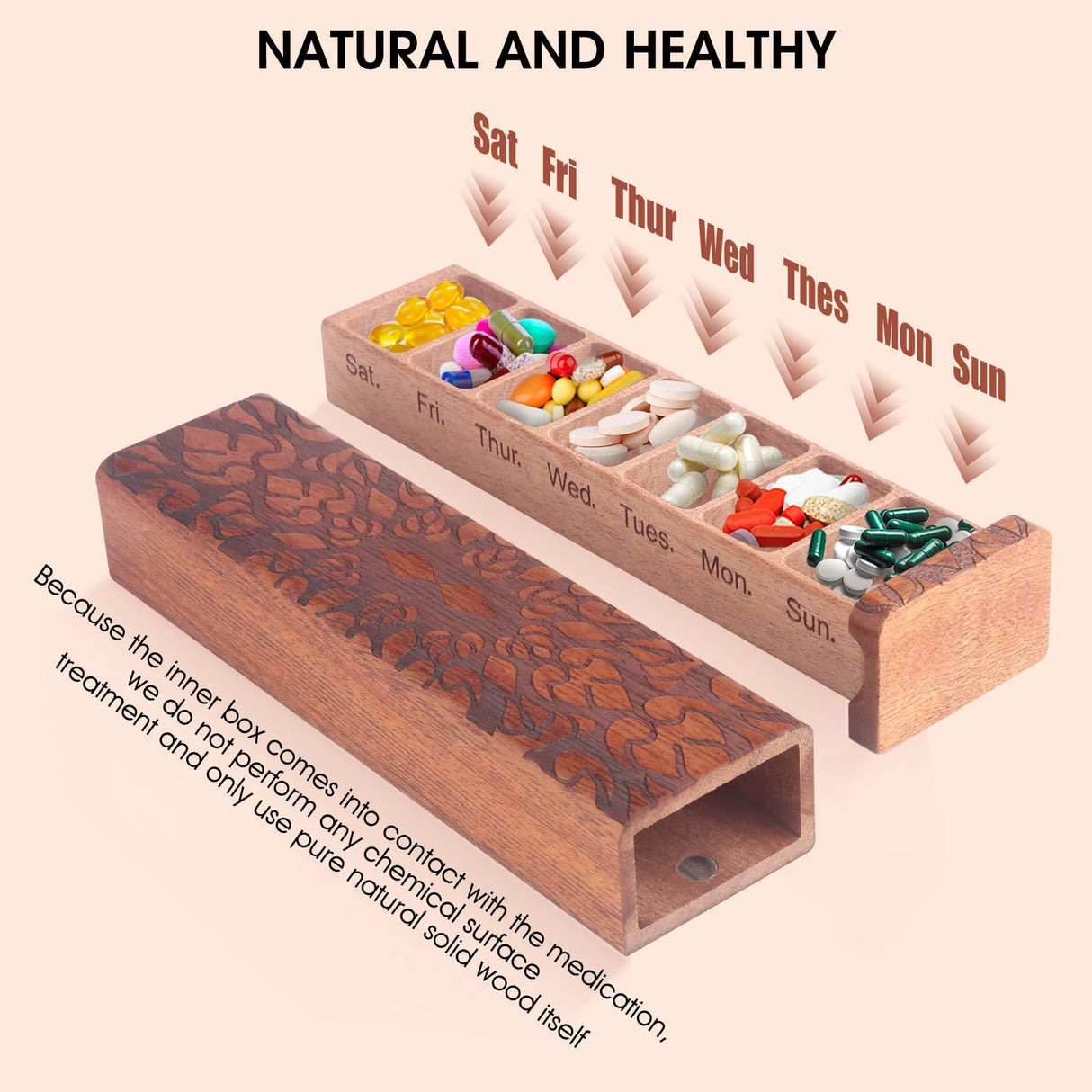 OYTKWU Wooden Weekly Pill Organizer - 7 Day Pill Box, Safe Travel Container, Perfect for Tracking Weekly Medication (Brown) OYTKWU