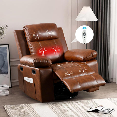 SLEERWAY Recliner Chair with Massage and Heat, Modern Swivel Reclining Chair with Remote Control and Side Pocket, Adjustable Glider Rocker Recliner Chair for Living Room, Bedroom, Lounge, Brown SLEERWAY