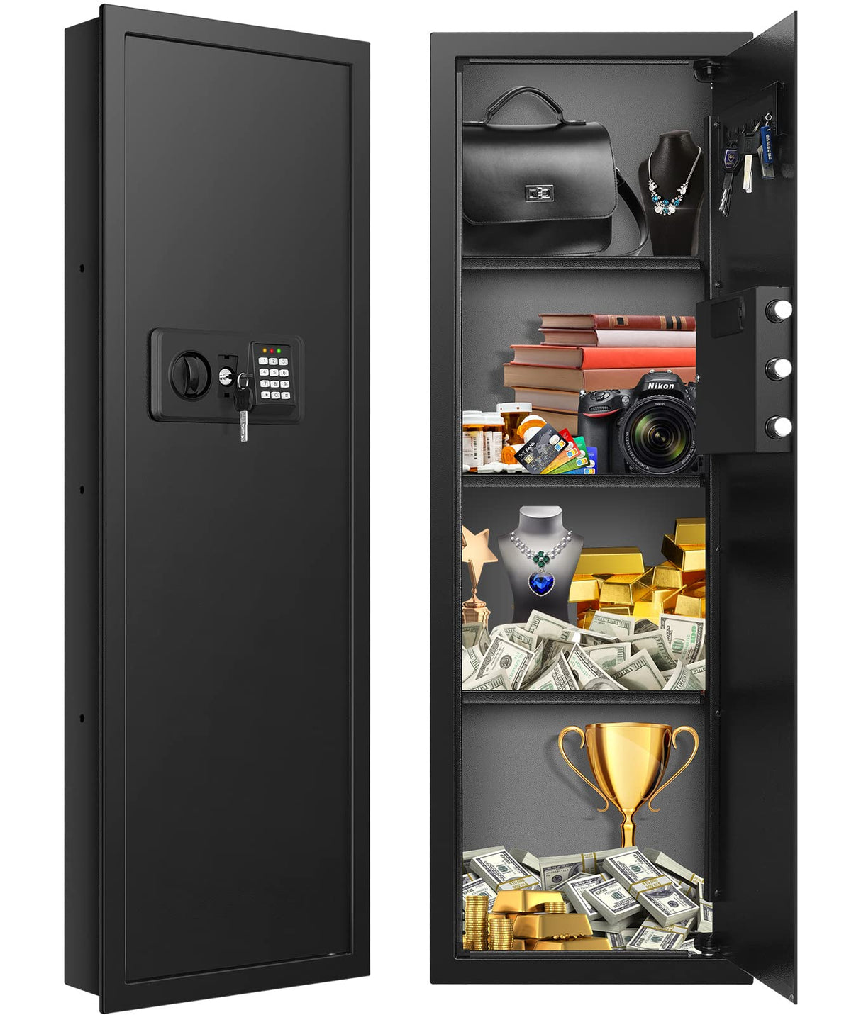 43.3" Tall Fireproof Wall Safes Between the Studs 16" Centers, Electronic Hidden Safe with Removable Shelf, Fireproof in Wall Safe for Money Jewelry Passport GUVELI