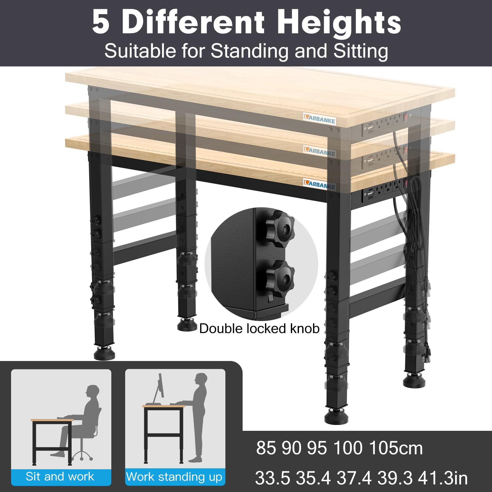 LARBANKE 48" Workbench with Scales,Weight Capacity to 2300 LBS Heavy Duty Rubberwood Worktable,Adjustable Worktable with 5 Adjustable Heights,Power Outlet,Suitable for Workshops,Offices and H - WoodArtSupply