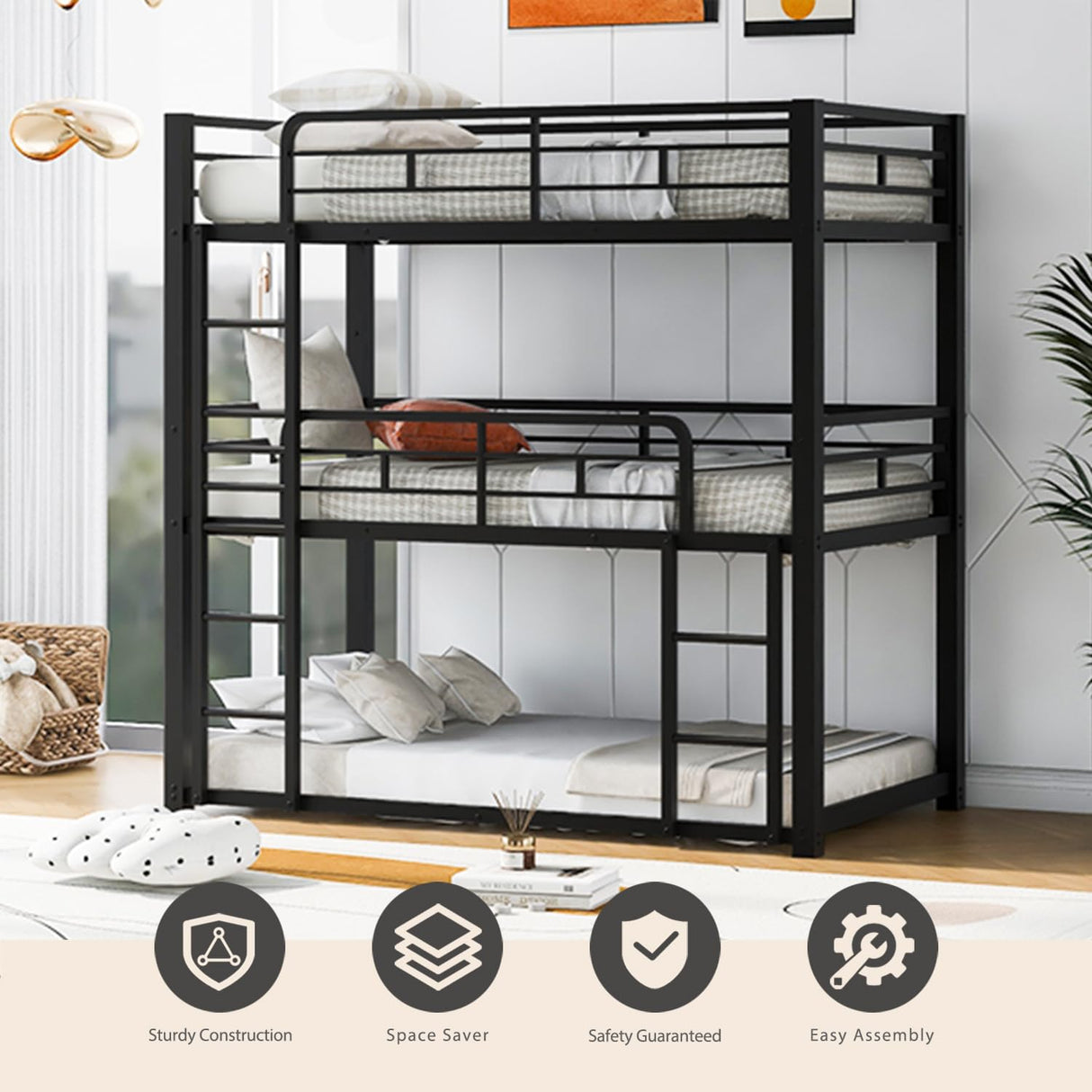 AnoYishev Triple Bunk Bed for Kids,Twin Over Twin Over Twin Metal Bunkbeds with Ladder for Kids Teens Bedroom, No Box Spring Needed, Easy Assembly (Black) AnoYishev
