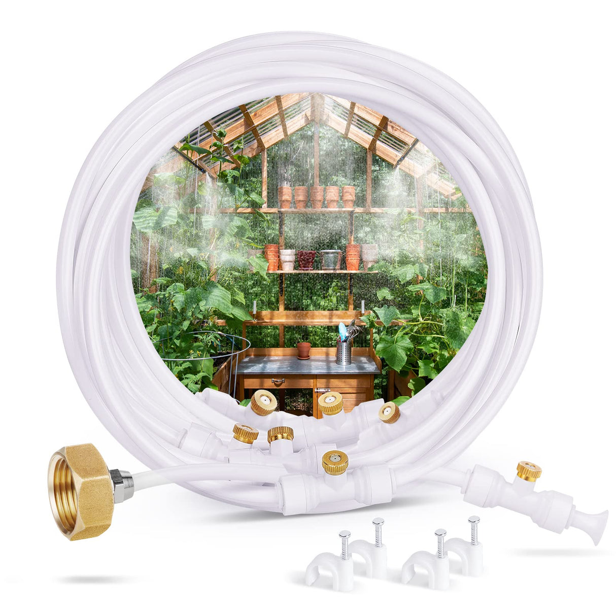 HOMENOTE Misting Cooling System, 26.3FT (8M) Misting Line + 7 Brass Mist Nozzles + Brass Adapter(3/4") Misters for Outside Patio Cooling Garden Greenhouse Watering homenote