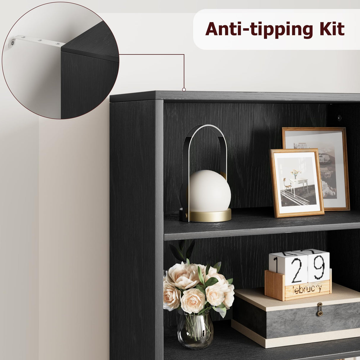 GarveeHome Farmhouse Bookcase with Doors 11.8in Depth Display Storage Shelves 71.4in Tall Industrial Bookshelf Wooden 6 Shelf Bookshelves for Bedroom, Living Room, Home Office (Black) GarveeHome