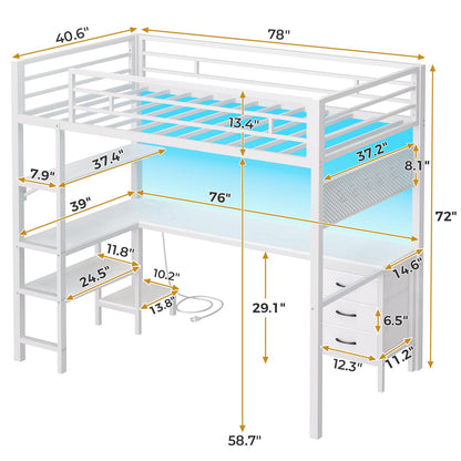 ADORNEVE Loft Bed Twin Size with L-Shaped Desk, LED Lights,Charging Station,Twin Metal Loft Bed with Desk, Fabric Drawers & Shelves, 13.4" H Safety Guard, No Box Spring Needed,White