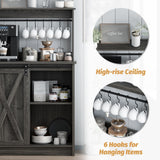 4ever2buy Farmhouse Coffee Bar Cabinet with Storage, Gray Coffee Bar with 6 Hooks, Coffee Bar Table with Sliding Barn Door, Wine Bar Cabinet with Adjustable Shelf for Living Dining Room 4ever2buy