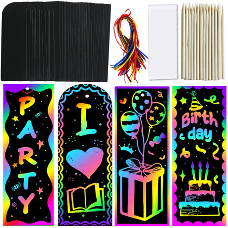 ZMLM Scratch Paper Art Bookmarks Kids: 36 Set Magic Rainbow DIY Art Craft Paper Bookmark Gift Tag Party Favor Goodie Bags Stuffers Pack Activity Bulk Making Kit for Boys Girls Birthday Game Classroom ZMLM