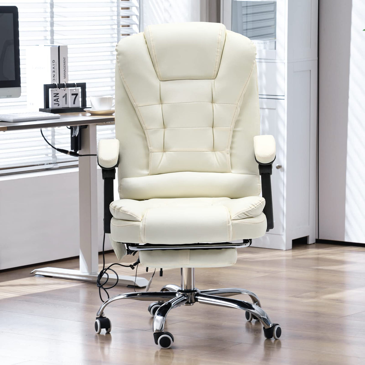 ONPNO Reclining Office Chair with Massage, Ergonomic Office Chair w/Foot Rest, PU Leather Executive Computer Chair w/Heated, Padded Armrest, High Back Swivel Recliner for Office Home Study (White) ONPNO