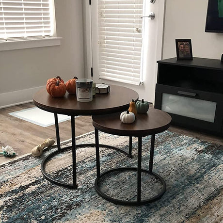 aboxoo Coffee Table Nesting Side Round Set of 2 End Table Top Sturdy Metal Frame Desk Centerpiece Living Room Bedroom Apartment Modern Industrial Simple Nightstand aboxoo