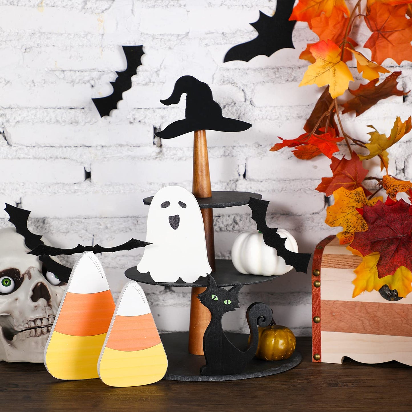 Yalikop 5 Pcs Halloween Table Centerpieces Ghost Black Cat Witch Hat Candy Corn Wooden Tiered Tray Sign Standing Tabletop Signs for Halloween Home Rustic Farmhouse Decor - WoodArtSupply