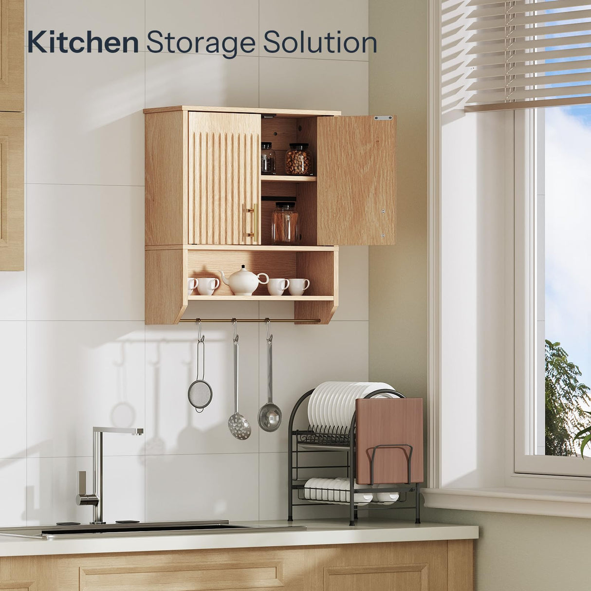 HOOBRO Fluted Bathroom Wall Cabinet, Farmhouse Medicine Cabinet with 2 Fluted Doors, Wall Storage Shelf with Towel Rack, Adjustable Shelf, for Small Spaces, Bathroom, Kitchen, Natural HOOBRO