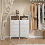 Somdot White Nightstand with 4 Drawers, Vertical Storage Tower Fabric Dresser for Bedroom, Nightstand Bedside Table Furniture, Sturdy Steel Frame, Wooden Top & Easy Pull Fabric Bins Somdot