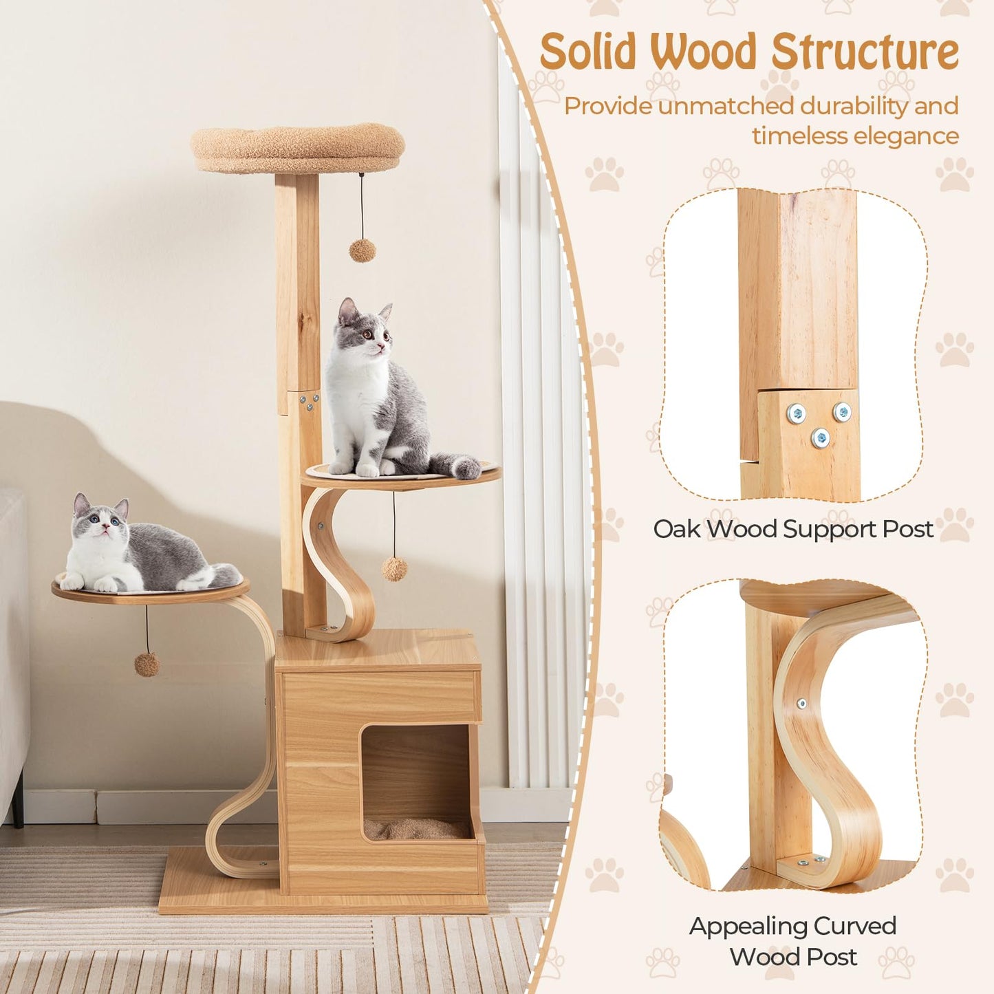 PETSITE 51 Inches Cat Tree, Modern Wooden Cat Tower with Plush Padded Top Perch, Cat Condo with Soft Pad, Dangling Balls, Multi-Level Cat Tree Tower for Indoor Cats Large Adult - WoodArtSupply