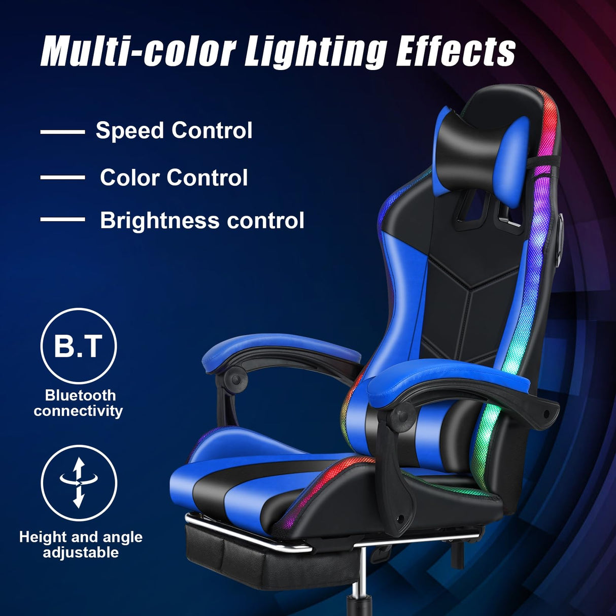 Gaming Chair, Computer Chair with Footrest and Lumbar Support, Height Adjustable Game Chair with 360° Swivel Seat and Headrest, High Back Office Chair with Bluetooth Speakers and RGB LED Lights Blue NEREIDS NET