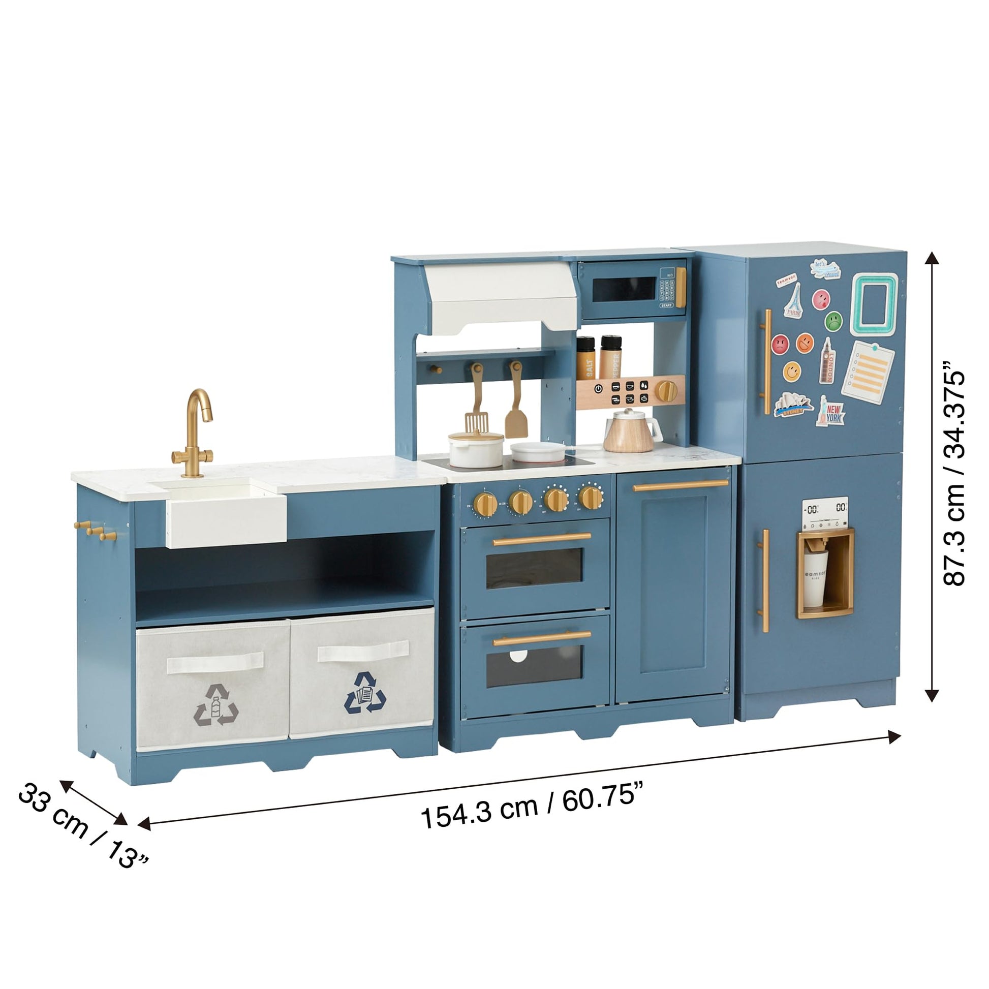 Teamson Kids Little Chef Atlanta Large Modular Wooden Play Kitchen with Interactive, Realistic Features, and 17 Kitchen Accessories, for 3yrs and up, Blue/White/Gold - WoodArtSupply