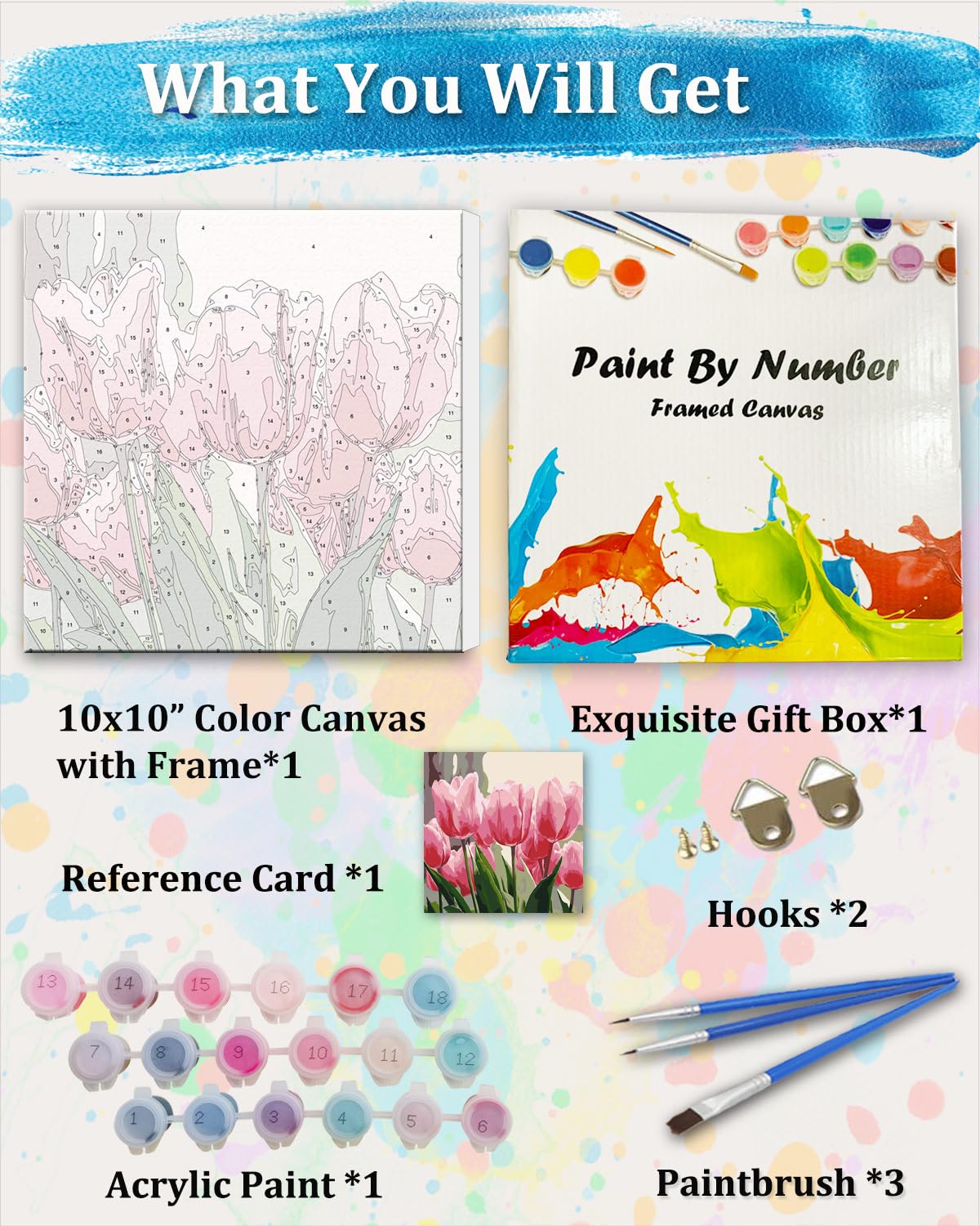 TOCARE Framed Paint by Numbers Kit for Adults Beginner, Tulip Paint by Number with Frame, Small Simple Oil Paint by Numbers Framed Canvas Flowers for Home Wall Decor (10x10 Inch, Without Easel) TOCARE