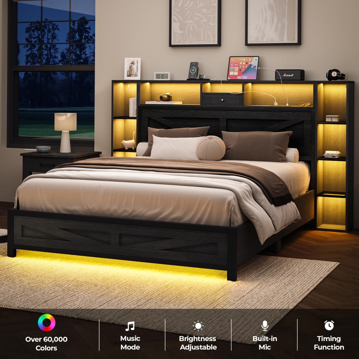 Siihnon Queen Bed Frame with Bookcase Headboard and Bedside Storage, Black Farmhouse Bed Frame Queen Size with Charging Station and LED Lights, Heavy Duty Metal Slats, Noiseless, No Box Spring Needed Siihnon