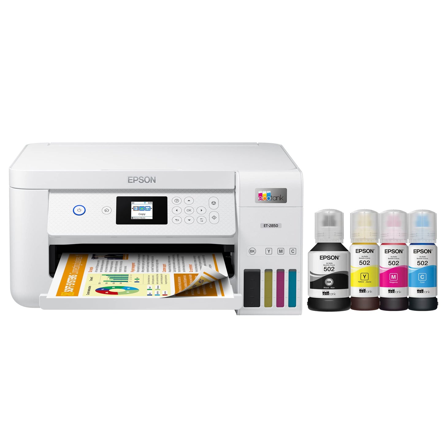 Epson EcoTank ET-2850 Wireless Color All-in-One Supertank Inkjet Printer, White - Print Scan Copy - 10 ppm, 4800 x 1200 dpi, Auto 2-Sided Printing, Voice-Activated