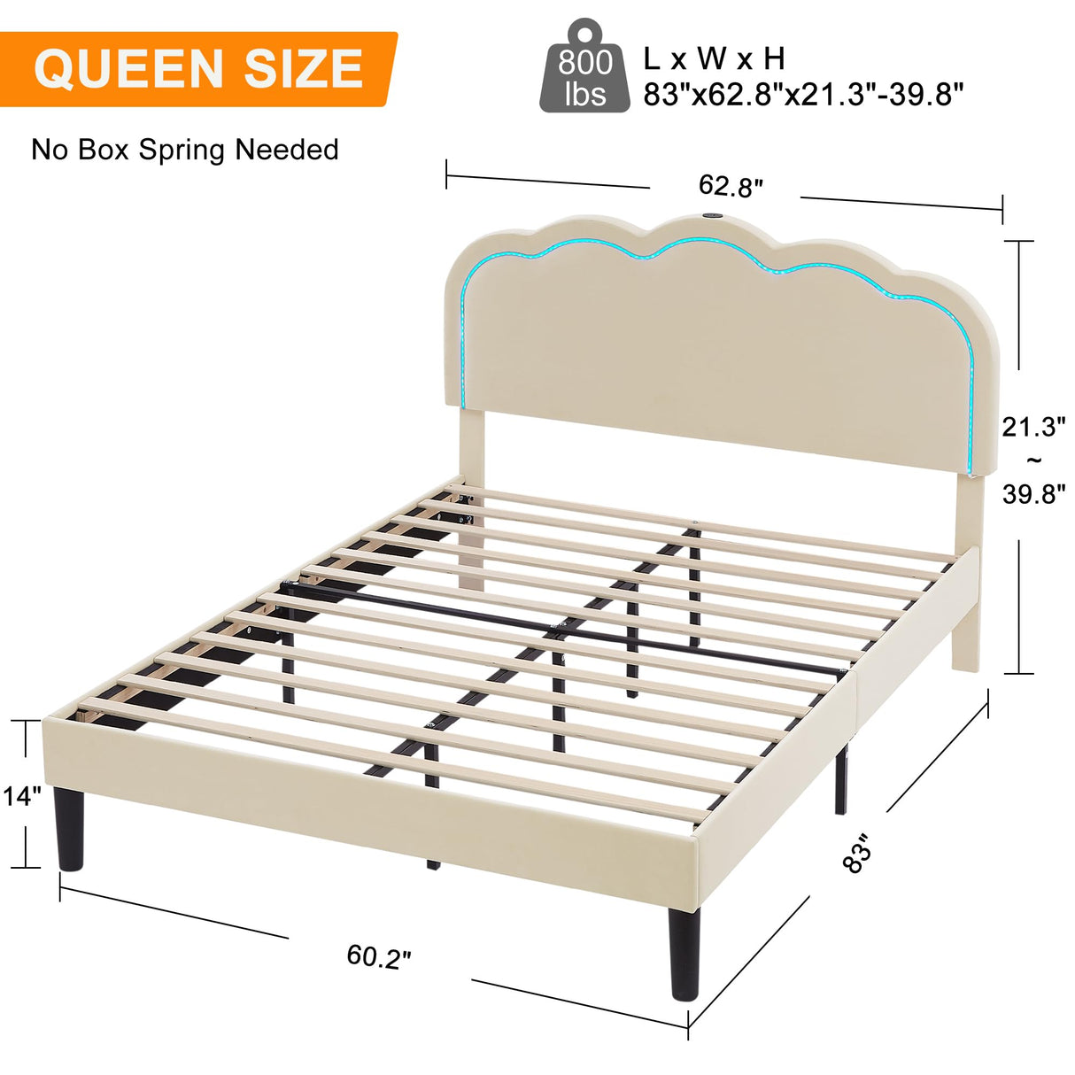 VECELO Adjustable Upholstered Queen Bed Frame with LED Lights, USB Ports, and Velvet Finish in Beige VECELO