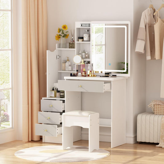 FAMAPY Vanity Desk with Mirror and Lights, Vanity Makeup Desk with Sliding Lighted Mirror, Vanity Mirror Makeup Desk with Cushion Stool, Drawers and