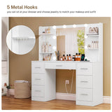 FIONESO Large Makeup Vanity, 43.3" Vanity Desk with Mirror and Lights, Makeup Vanity Table with 7 Drawers, 4 Shelves, 5 Jewel Hooks & Power Strip, Vanity Desk Set for Bedroom, White FIONESO