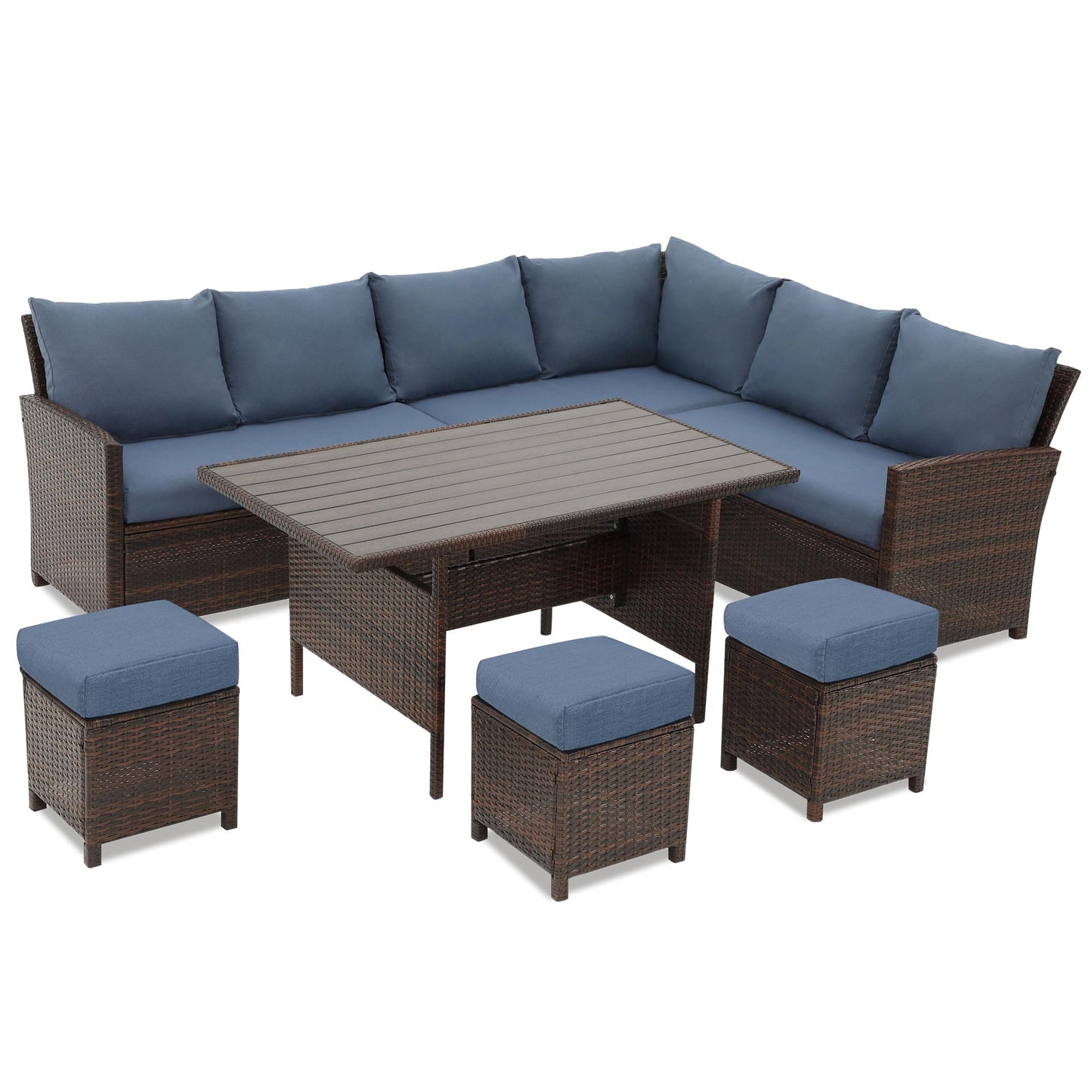 Wisteria Lane Patio Furniture Set, 7 Piece High Curved Back Outdoor Dining Sectional Sofa with Dining Table and Chair, All Weather Wicker Conversation Set with Ottoman, Blue - WoodArtSupply