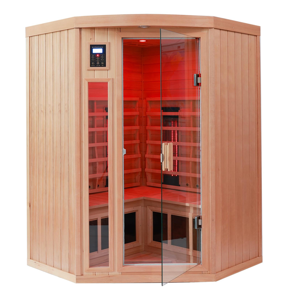 KUNSANA 2-3 Person Infrared Saunas for Home, Low EMF Ceramic Infrared Sauna, Indoor Home Sauna Spa, Hemlock Wooden Corner Suana Room, Bluetooth Speakers, Chromotherapy Lights KUNSANA