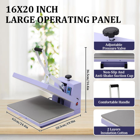 16x20 Heat Press - Professional Digital Sublimation Heat Press Machine for T-Shirts, Clothes, Canvas Bags - Adjustable Pressure, Even Heating Technology, Large Operating Panel EcoExplorer