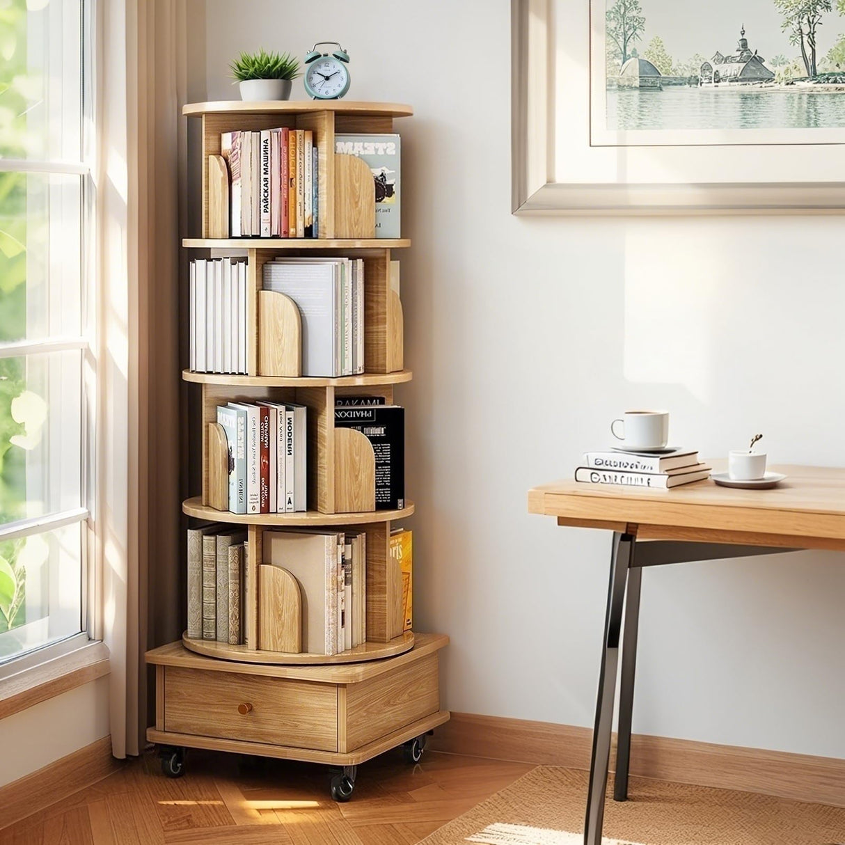Merax Rotating Bookcase,360°Display Round Spinning 5 Tier Bookshelf with Wheels, Small Space Book Case Tower for Bedroom Living Room Home Office,Wood Color Merax
