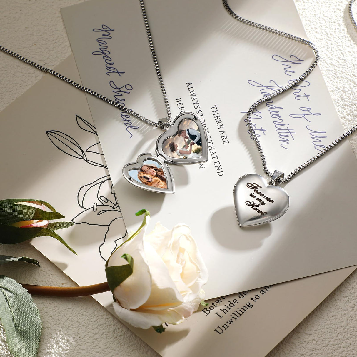 Aurelema 8 Pcs Forever in My Heart Locket Necklace Set Sublimation Pendant Trays Set That Hold Pictures Silver Locket Necklace 2 Bezel Tray 2 Chain 4 Sublimation Discs for Women Mom Gift Aurelema