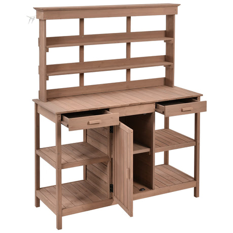 66" Large Outdoor Farmhouse Wooden Potting Bench Table, Garden Workstation with 2 Drawers, Cabinet and Open Shelves for Backyard, Mudroom (Brown-@16) Tdewlye