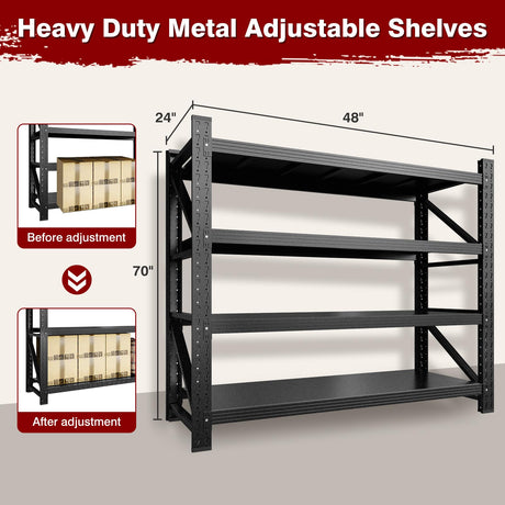 Fesbos 5000LBS Metal Steel Storage Shelves - 71.3" W Black 4 Tier Heavy Duty Rack Commercial Industrial Shelving with Adjustable Shelf for Basement Garage Warehouse - 71.3" W x 24" D x 70" H Fesbos