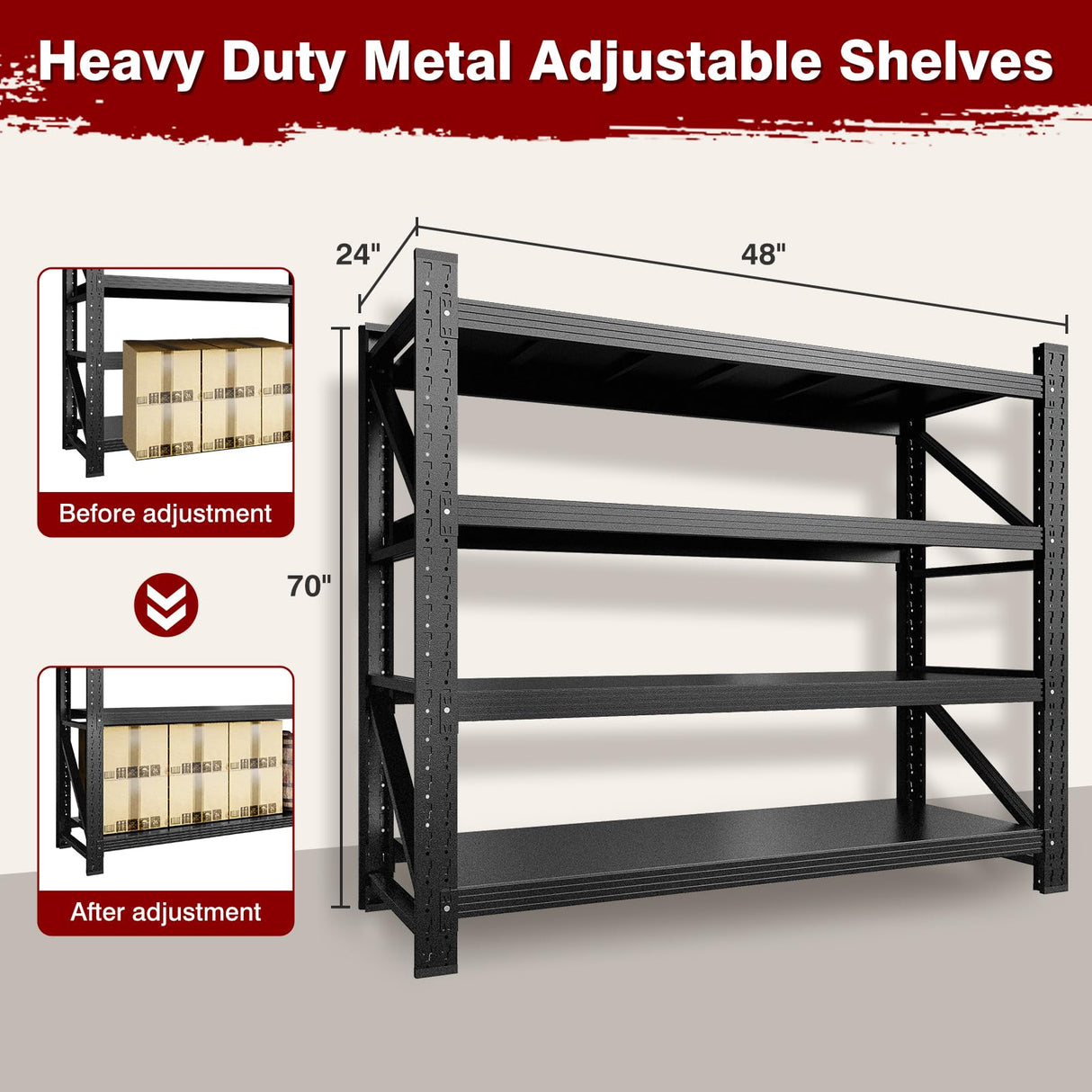 Fesbos 3000LBS Metal Steel Storage Shelves - 48" W Black 4 Tier Heavy Duty Rack Commercial Industrial Shelving with Adjustable Shelf for Basement Garage Warehouse Supermarket - 48" W x 24" D x 70" H Fesbos