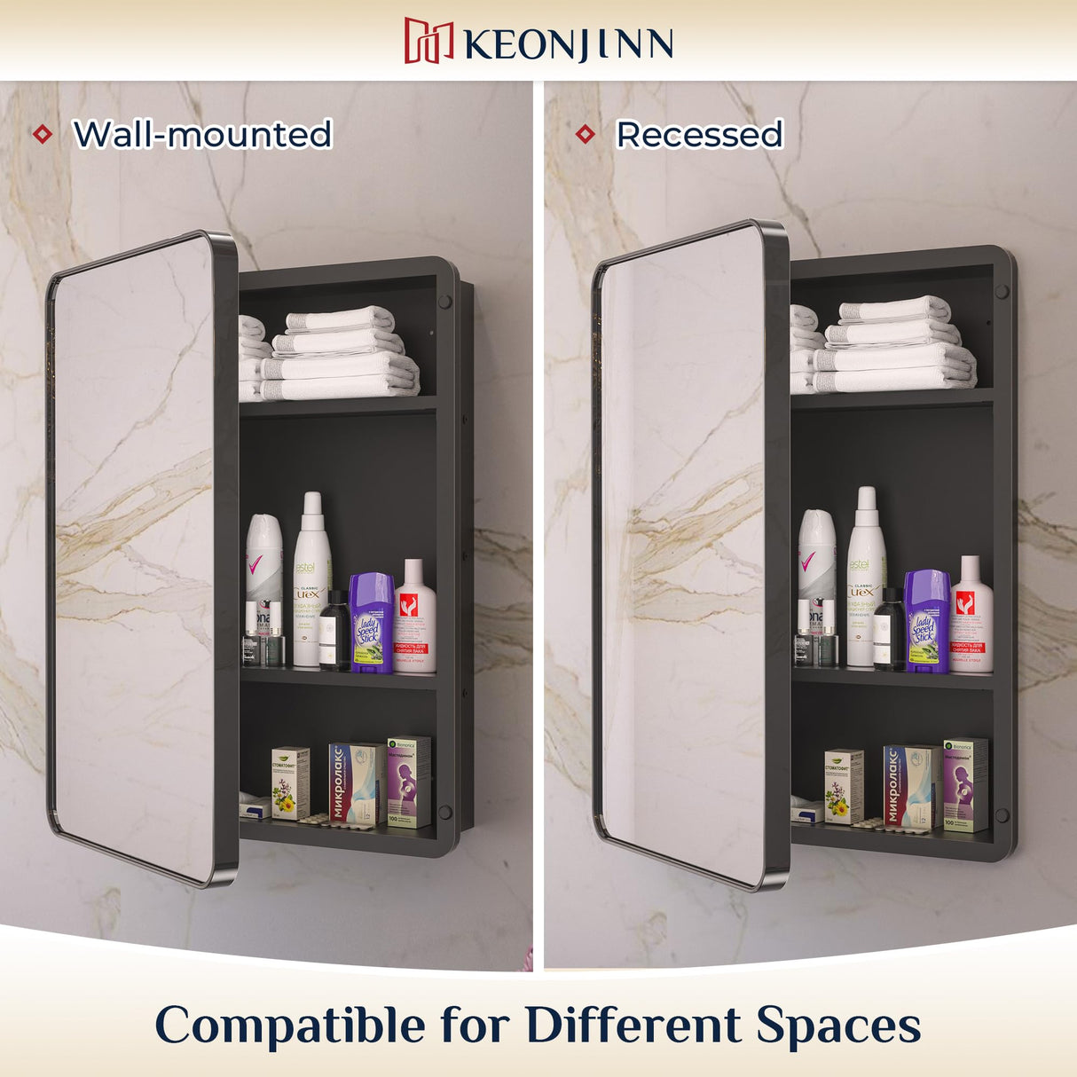 Keonjinn Black Medicine Cabinet 17 x 25 Inch, Heavy & Solid Bathroom Medicine Cabinet with Mirror, Stainless Steel Framed, Adjustable Shelves, Recessed or Wall Mount, Bathroom Mirror with Storage Keonjinn