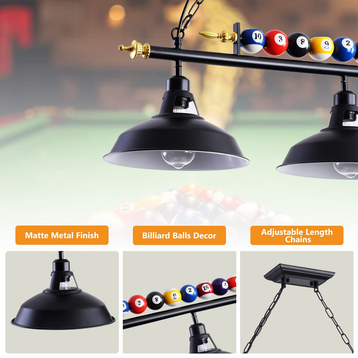 Mcacggo 3-Light Billiard Pool Table Lights Hanging Over Pool Table, Black Matte Metal Shades with Billiard Ball Decor, for Billiards Room, Snooker Table, Kitchen Island Mcacggo