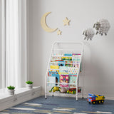JAQ Kids Bookshelf, 4-Tier Metal Sling Kid Display Bookshelves Bookcase with Toy Storage in Baby Corner Library Room Classroom Playroom for Toddlers Nursery Children (4-tier/28.35inch, White) JAQ