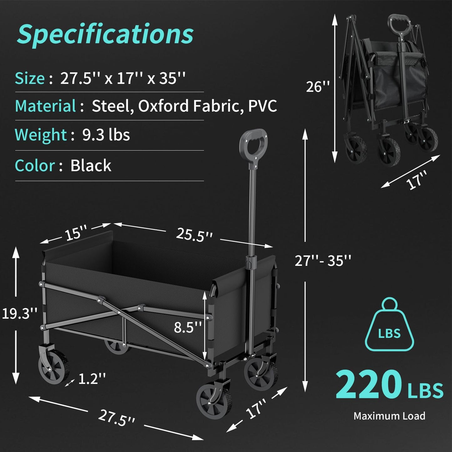 Collapsible Wagon - Wagon Cart with Wheels Foldable, Collapsible Folding Beach Wagon, Foldable Wagon with Upgrade Wheels, Folding Wagon for Shopping, Camping