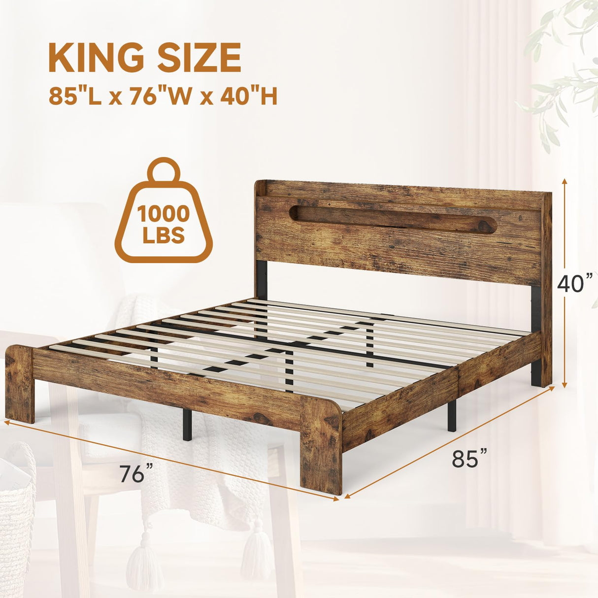 Kiivakii King Bed Frame with Storage Headboard, King Platform Bed Frame with LED Light and Charging Station, Durable Frame, No Noise, No Box Spring Needed, Dark Brown Kiivakii