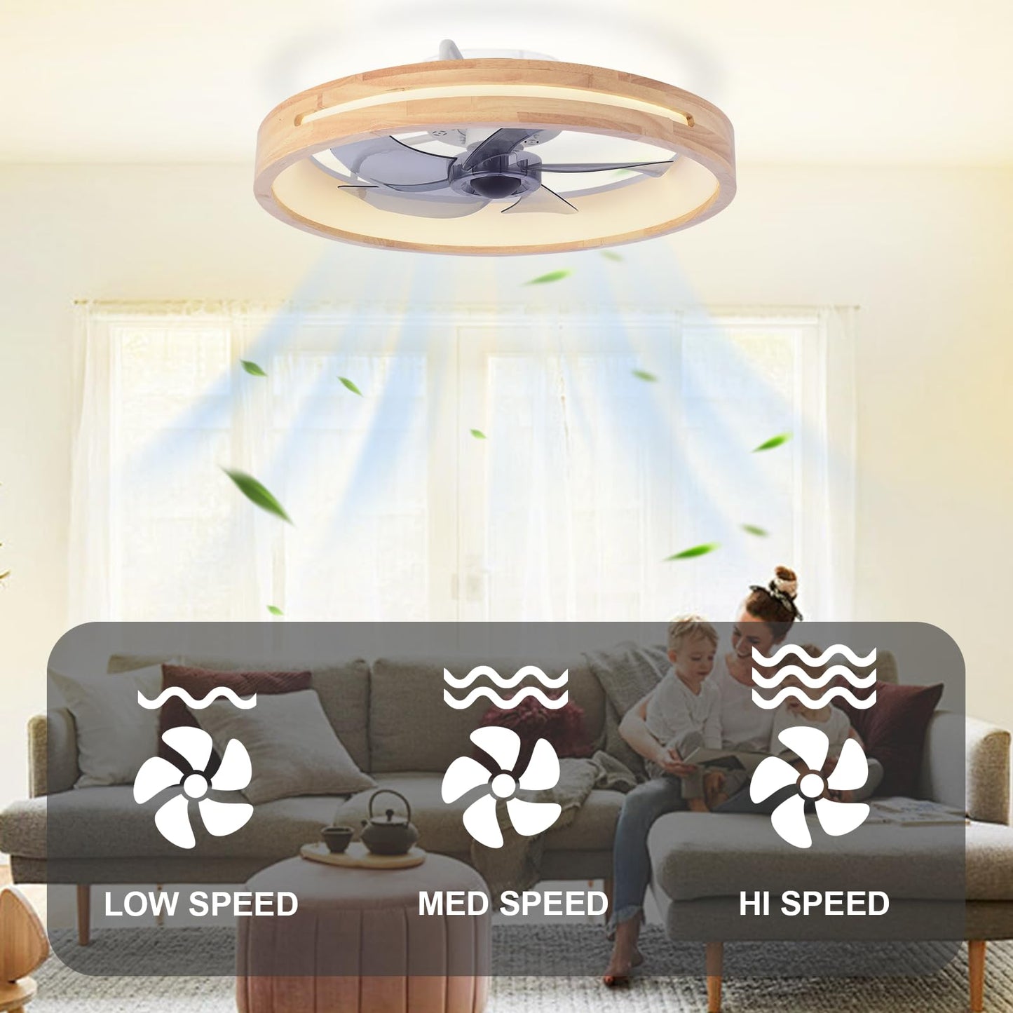 HUOGME Modern Low Profile Ceiling Fans with Lights and Remote, 20" Wooden Flush Mount Reversible Bladeless Ceiling Fans with Light，3000K-6000K Dimmable LED Timing and 6 Wind Speeds - WoodArtSupply