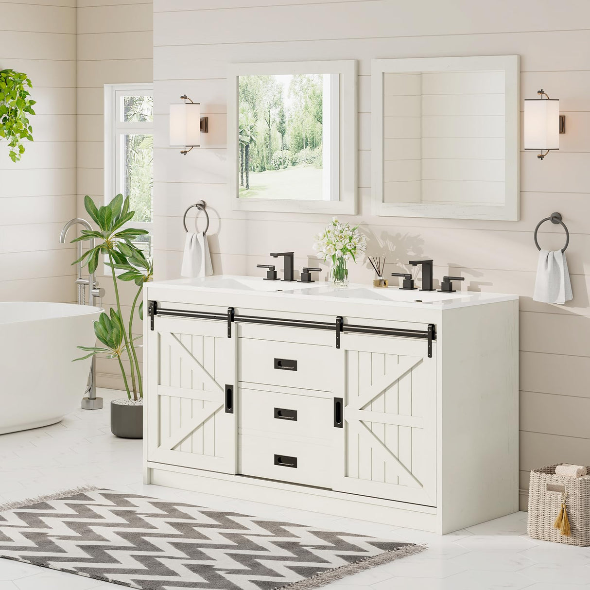 AMERLIFE 61" Farmhouse Double Bathroom Vanity with Sink Combo, Dual Basin Bathroom Storage Cabinet with Sliding Barn Doors & Drawers, Large Double Bath Vanity Sink Set, Rustic White AMERLIFE