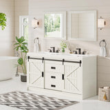 AMERLIFE 61" Farmhouse Double Bathroom Vanity with Sink Combo, Dual Basin Bathroom Storage Cabinet with Sliding Barn Doors & Drawers, Large Double Bath Vanity Sink Set, Rustic White AMERLIFE