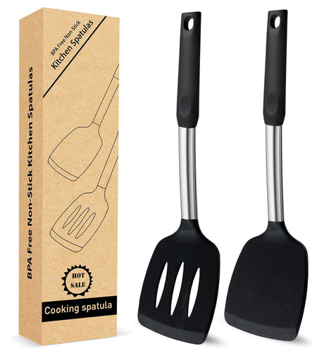 2 Pack Flexible Silicone Spatula, 600°F Heat Resistant Silicone Spatula Set for Nonstick Cookware, Kitchen Cooking Utensil Set for Egg Pancake Flipper-Slotted & Solid Spatula Set BodiCal