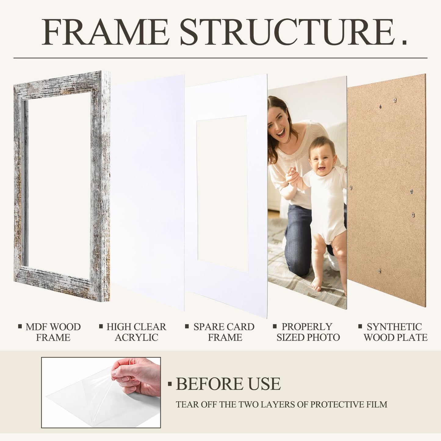 TWING 11x14 Rustic Picture Frames, Distressed White Photo Collage Frame for Wall Decor Display Pictures 8x10 with Mat or 11x14 without Mat,Large Gallery Collage Picture Frames for Wall Mounti - WoodArtSupply