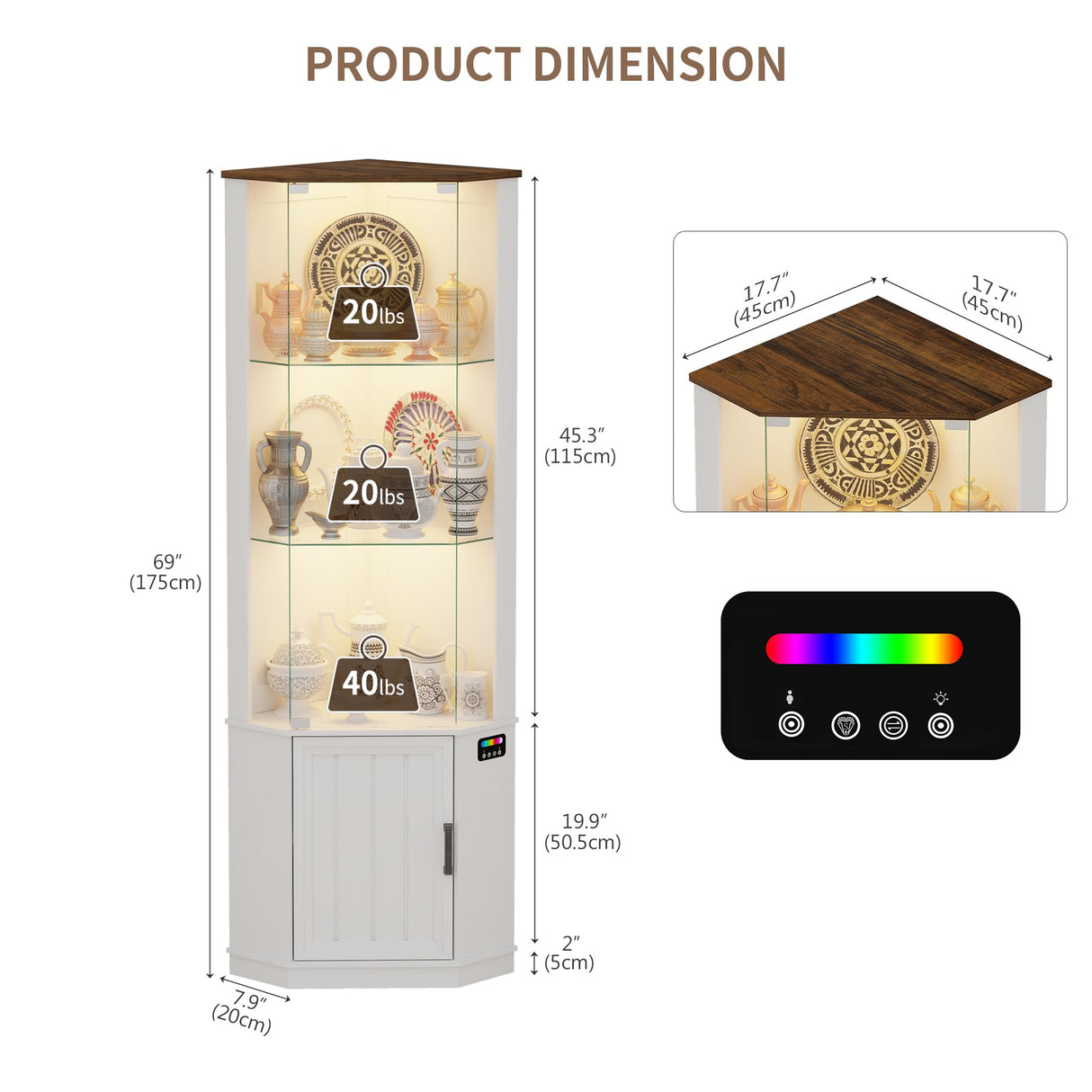 Lvifur 69" Corner Glass Display Cabinet with RGB Lights,3-Tier Movable Glass Shelves,Curio Display with Human Body Sensor,Bookcase with Storage Cabinet for Toys,Books,Collectibles,Liquor,White Lvifur