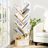 SHEEPAM 8-Tier Natural Wood Tree Bookshelf with Drawer for Home Office and Living Room Storage SHEEPAM