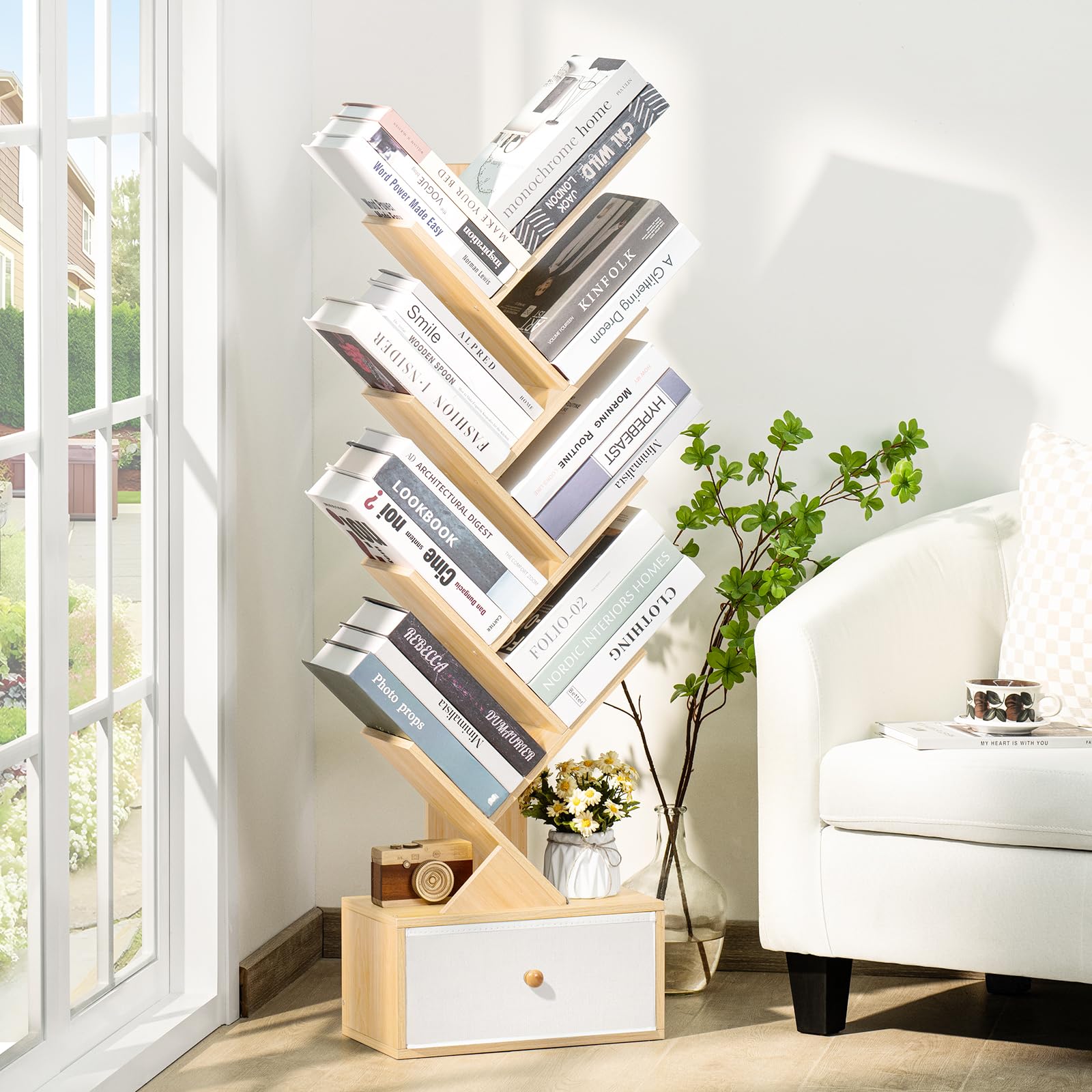 SHEEPAM 8-Tier Natural Wood Tree Bookshelf with Drawer for Home Office and Living Room Storage - WoodArtSupply