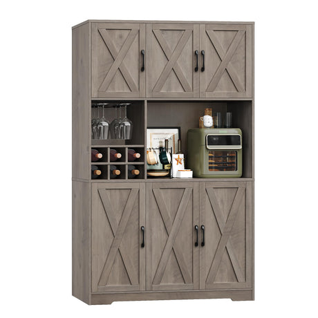 HOSTACK Kitchen Pantry Storage Cabinet, 71" Tall Food Pantry Cabinet with Microwave Stand, Farmhouse Kitchen Hutch Cabinet, Coffee Bar Hutch with Wine Rack for Dining Room, Living Room, Ash Grey HOSTACK